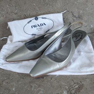 Prada "Alluminio"  platinum patent leather kitten heel slingbacks 36.5